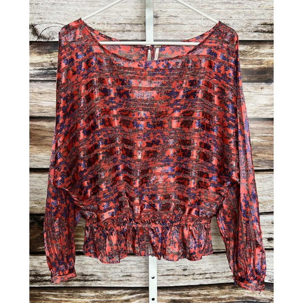 Free People Pink Floral Smocked Sheer Long Sleeve Top Women’s Medium